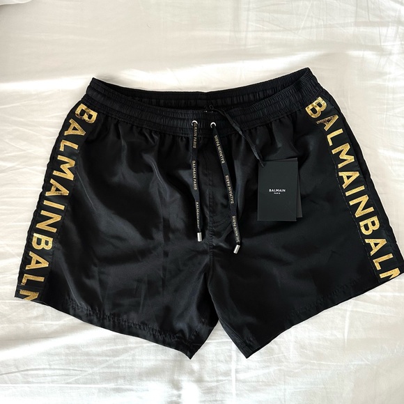 Balmain Logo Print Swim Shorts black and gold size Medium. Brand New - Picture 1 of 10